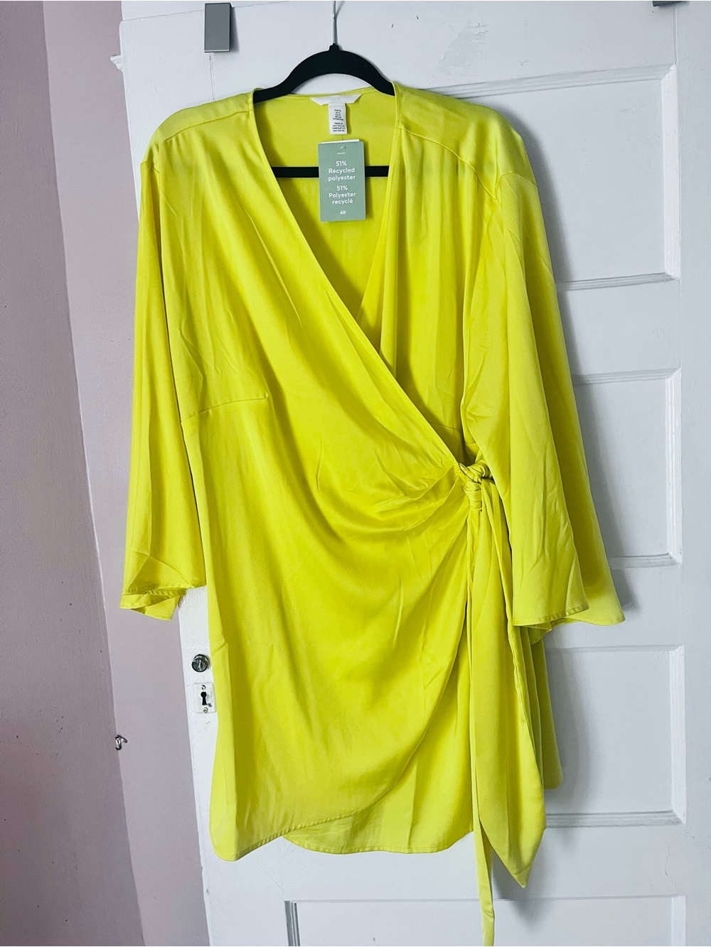 NWT H&M Margarita Yellow Satin Wrap Mini Dress Vibrant Citron